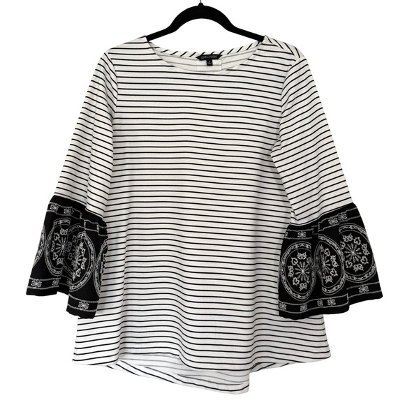 John Mark Tops - John Mark Womens Small Black White Striped Bell Sleeve Embroidered Medallion Top